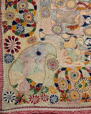 Vintage fine museum quality Kantha from undivided Bengal 19 century of Murshidabad district with fine needle embroidery on multiple muslin layers with all geometric and figured work. The size of this Kantha  ...