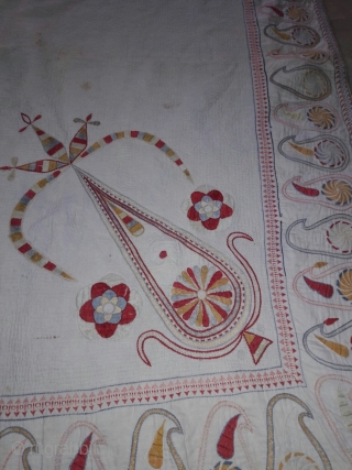 Old vintage Kantha from West Bengal with very fine hand embroidery big size with beautiful mango design on the four side corners the condition of the Kantha is very good and the  ...