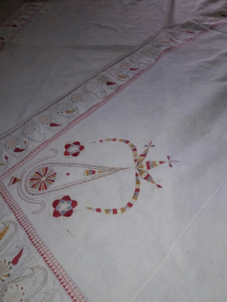 Old vintage Kantha from West Bengal with very fine hand embroidery big size with beautiful mango design on the four side corners the condition of the Kantha is very good and the  ...