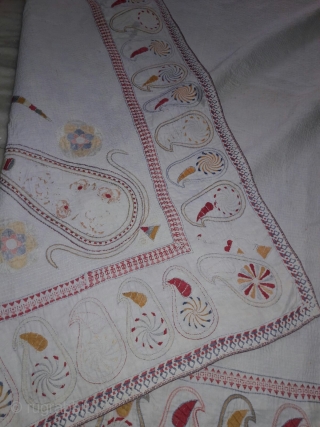 Old vintage Kantha from West Bengal with very fine hand embroidery big size with beautiful mango design on the four side corners the condition of the Kantha is very good and the  ...