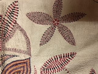 Vintage Kantha quilt from Murshidabad district of West Bengal  India 1900C. It is huge in size with mango design fish design and there is an individual human portrait in the borders  ...