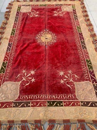 Zardozi Kalabattu Embroidery (Real Zari) Work on Velvet  The bichona With Print Backing, From the Royal Nawab Family of Madhya Pradesh. India. C.1900.Its size is 214 cms x 135 cms  