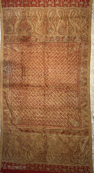 Vintage fine quality zardozi jamavar on pashmina ground finely embroidered with gold treads for the royal families of central India 19 C. With a very fine combination of red with gold .  ...