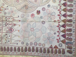 Vintage  temple Kantha(quilt) from Ramnagar village of Murshidabad district of West Bengal India C.1900 reversible hand embroidered with very fine motifs and beautiful border of ambi (mango design)the quilt is in  ...