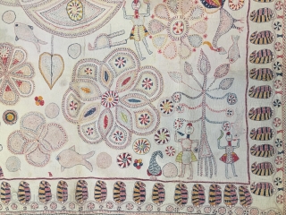 Vintage  temple Kantha(quilt) from Ramnagar village of Murshidabad district of West Bengal India C.1900 reversible hand embroidered with very fine motifs and beautiful border of ambi (mango design)the quilt is in  ...