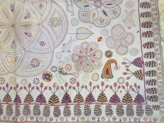 Vintage  temple Kantha(quilt) from Ramnagar village of Murshidabad district of West Bengal India C.1900 reversible hand embroidered with very fine motifs and beautiful border of ambi (mango design)the quilt is in  ...