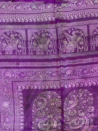 Baluchuri pallu fragment from murshidabad district of West Bengal India 1900 C, with the very nice subject lady playing musical instrument the pallu has some holes and it's fragile the pallu has  ...