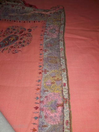  signature kashmir kani gents size shawl c.1880 with beautiful mango design on four sides corner of the shawl with hand done border all around it ,the shawl is in very good  ...