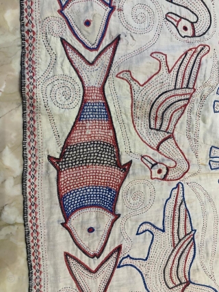 Vintage fine quality tantric Kantha from  Murshidabad district of West Bengal India 1900C. Depicting the kundalini snake in the centre,  peacocks , fine fishes,ducks,Horses,elephants and pigeons and also the signature  ...
