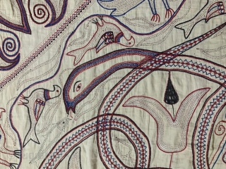 Vintage fine quality tantric Kantha from  Murshidabad district of West Bengal India 1900C. Depicting the kundalini snake in the centre,  peacocks , fine fishes,ducks,Horses,elephants and pigeons and also the signature  ...