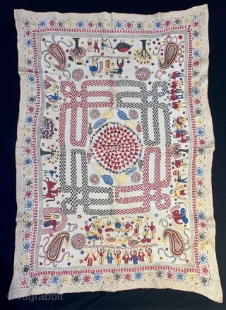 Very Rare  Embroidery Kantha from Jessore Region of East (Bangladesh) Undivided Bengal India. 1900C. With Krishna life story and other subjects also embroidered with very rare colour patterns used in the  ...