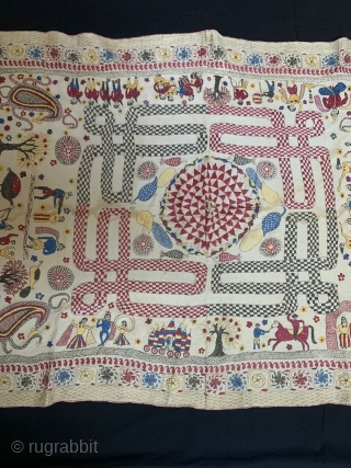Very Rare  Embroidery Kantha from Jessore Region of East (Bangladesh) Undivided Bengal India. 1900C. With Krishna life story and other subjects also embroidered with very rare colour patterns used in the  ...
