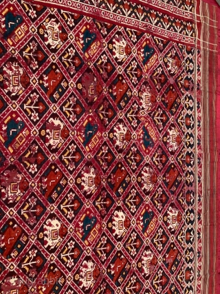 Nari Kunj double ikat Patola silk Dupatta, Probably Patan Gujarat 1800-1850 Circa. India.This Patola is the rarest designs known as Nari Kunj Patola. This Patola is showing the Popat Kunjar Bhat, Hathi  ...