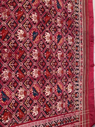 Nari Kunj double ikat Patola silk Dupatta, Probably Patan Gujarat 1800-1850 Circa. India.This Patola is the rarest designs known as Nari Kunj Patola. This Patola is showing the Popat Kunjar Bhat, Hathi  ...