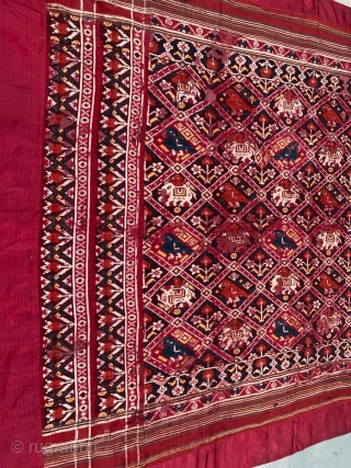 Nari Kunj double ikat Patola silk Dupatta, Probably Patan Gujarat 1800-1850 Circa. India.This Patola is the rarest designs known as Nari Kunj Patola. This Patola is showing the Popat Kunjar Bhat, Hathi  ...