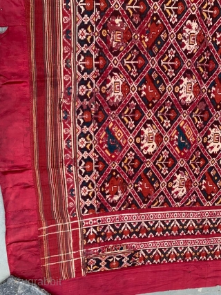 Nari Kunj double ikat Patola silk Dupatta, Probably Patan Gujarat 1800-1850 Circa. India.This Patola is the rarest designs known as Nari Kunj Patola. This Patola is showing the Popat Kunjar Bhat, Hathi  ...