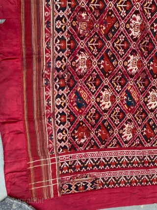 Nari Kunj double ikat Patola silk Dupatta, Probably Patan Gujarat 1800-1850 Circa. India.This Patola is the rarest designs known as Nari Kunj Patola. This Patola is showing the Popat Kunjar Bhat, Hathi  ...