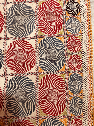 A very fine quality hand embroidered geometric motifs design kantha from West Bengal India 1925 C.fine quilted with cotton the size of the kantha is 203 cms x 128 cms.   