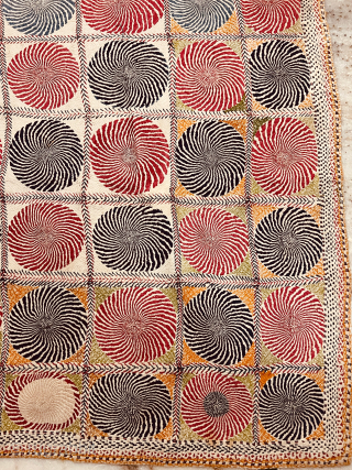 A very fine quality hand embroidered geometric motifs design kantha from West Bengal India 1925 C.fine quilted with cotton the size of the kantha is 203 cms x 128 cms.   