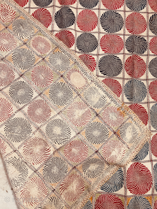 A very fine quality hand embroidered geometric motifs design kantha from West Bengal India 1925 C.fine quilted with cotton the size of the kantha is 203 cms x 128 cms.   