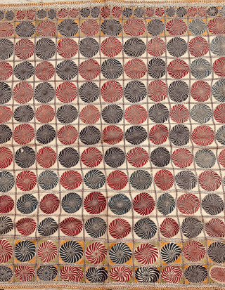 A very fine quality hand embroidered geometric motifs design kantha from West Bengal India 1925 C.fine quilted with cotton the size of the kantha is 203 cms x 128 cms.   