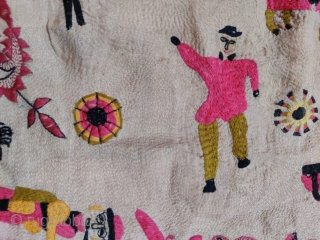 Vintage fine quality Kantha from Murshidabad district of West Bengal India 1900C. Showcasing the fine circus subject with clowns animals fishes and etc. the size of the Kantha is 79 cms x  ...
