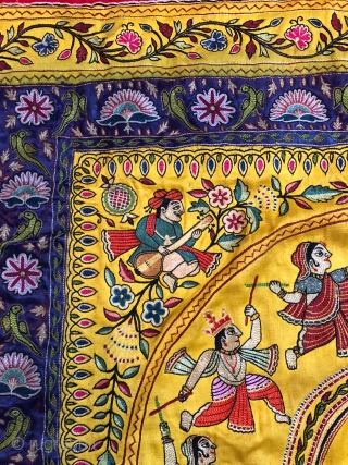 Mochi Bharath  embroidery (Cobblers stich)Pichwai depicting Krishnaraas mandala subject from Gujarat India mid 20th century Done on gaji silk base cloth with silk tread used in embroidery  the size of  ...