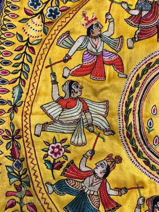 Mochi Bharath  embroidery (Cobblers stich)Pichwai depicting Krishnaraas mandala subject from Gujarat India mid 20th century Done on gaji silk base cloth with silk tread used in embroidery  the size of  ...