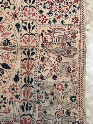 Exceptional vintage  Kantha from Rajshahi district of  West Bengal 1900 c. The kantha has very beautiful figurative work of human and as well as animals the size of the Kantha  ...