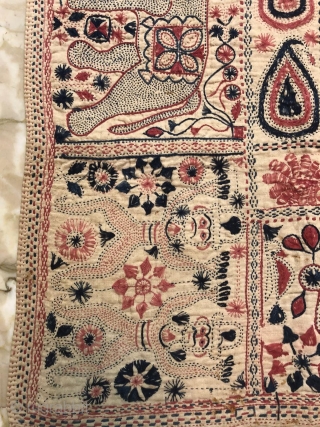 Exceptional vintage  Kantha from Rajshahi district of  West Bengal 1900 c. The kantha has very beautiful figurative work of human and as well as animals the size of the Kantha  ...