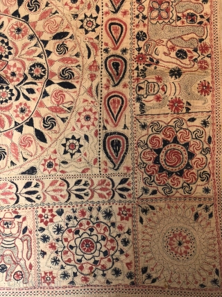 Exceptional vintage  Kantha from Rajshahi district of  West Bengal 1900 c. The kantha has very beautiful figurative work of human and as well as animals the size of the Kantha  ...