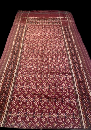 An Rare Theen phool bhat Patola Sari, Double Ikat silk from Patan Gujarat 1850 - 1875 c .This Patola known as Theen phool bhat three flowers design.This Patola has one of the  ...