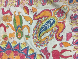 Excellent vintage Kantha from Murshidabad district of West Bengal India with high quality figured work of animals flowers and humans and mango design on the corners , the size of the Kantha  ...