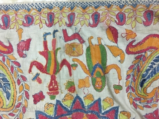 Excellent vintage Kantha from Murshidabad district of West Bengal India with high quality figured work of animals flowers and humans and mango design on the corners , the size of the Kantha  ...