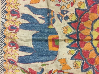 Excellent vintage Kantha from Murshidabad district of West Bengal India with high quality figured work of animals flowers and humans and mango design on the corners , the size of the Kantha  ...