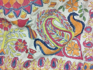 Excellent vintage Kantha from Murshidabad district of West Bengal India with high quality figured work of animals flowers and humans and mango design on the corners , the size of the Kantha  ...