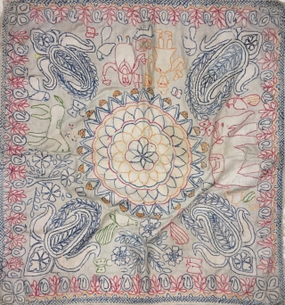 Excellent vintage Kantha from Murshidabad district of West Bengal India with high quality figured work of animals flowers and humans and mango design on the corners , the size of the Kantha  ...