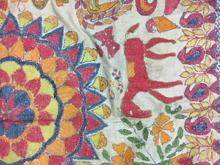 Excellent vintage Kantha from Murshidabad district of West Bengal India with high quality figured work of animals flowers and humans and mango design on the corners , the size of the Kantha  ...