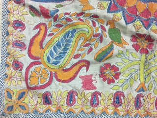 Excellent vintage Kantha from Murshidabad district of West Bengal India with high quality figured work of animals flowers and humans and mango design on the corners , the size of the Kantha  ...