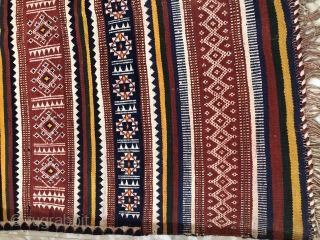 Durrie handwoven of cotton with vibrant colours with geometrical design all over from Thar desert region of Rajasthan India.the durrie is in very find condition without any holes or stains.the size of  ...