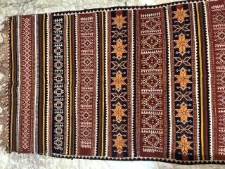 Durrie handwoven of cotton with vibrant colours with geometrical design all over from Thar desert region of Rajasthan India.the durrie is in very find condition without any holes or stains.the size of  ...