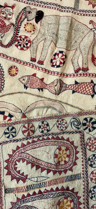 Vintage fine quality kantha from murshidabad district of West Bengal India 1900C. with nice apsaras around the circle and Paisley at the both bottoms are the very fine examples of hand embroidery  ...