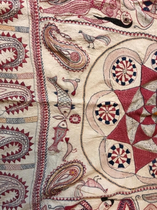 Vintage fine quality kantha from murshidabad district of West Bengal India 1900C. with nice apsaras around the circle and Paisley at the both bottoms are the very fine examples of hand embroidery  ...