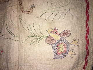 Very fine work vintage small size Kantha from rangpur district of Bangladesh hand embroidered very fine needle work with beautiful subjects of deer with baby ,frog,butterflies,hen and human family in it the  ...