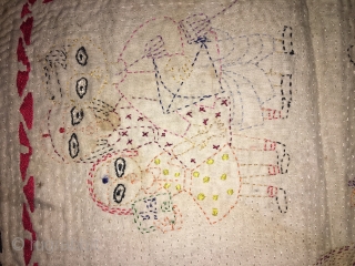 Very fine work vintage small size Kantha from rangpur district of Bangladesh hand embroidered very fine needle work with beautiful subjects of deer with baby ,frog,butterflies,hen and human family in it the  ...