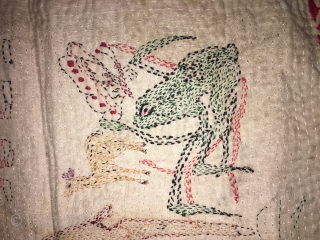 Very fine work vintage small size Kantha from rangpur district of Bangladesh hand embroidered very fine needle work with beautiful subjects of deer with baby ,frog,butterflies,hen and human family in it the  ...