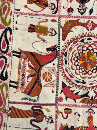 Museum quality kantha from murshidabad district of west bengal India 1900 c.with finest figured work fine colour scheme the kantha is mint condition without any damages or stains the size of the  ...