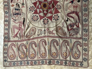 Beautiful vintage Kantha from Murshidabad district of West Bengal India 1900 C. With very good class of  needle embroidery of the mango designs,Apsaras,Lions,birds and elephant in the Kantha.the Kantha is in  ...