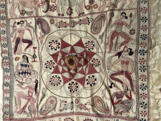 Beautiful vintage Kantha from Murshidabad district of West Bengal India 1900 C. With very good class of  needle embroidery of the mango designs,Apsaras,Lions,birds and elephant in the Kantha.the Kantha is in  ...