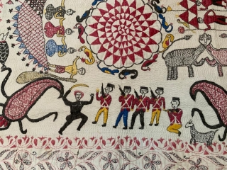 Vintage fine quality kantha from murshidabad district of  undivided Bengal India 19 C.the kantha has some very good subject like churning of ocean ,men on chariot,battle scene and people crossing the  ...